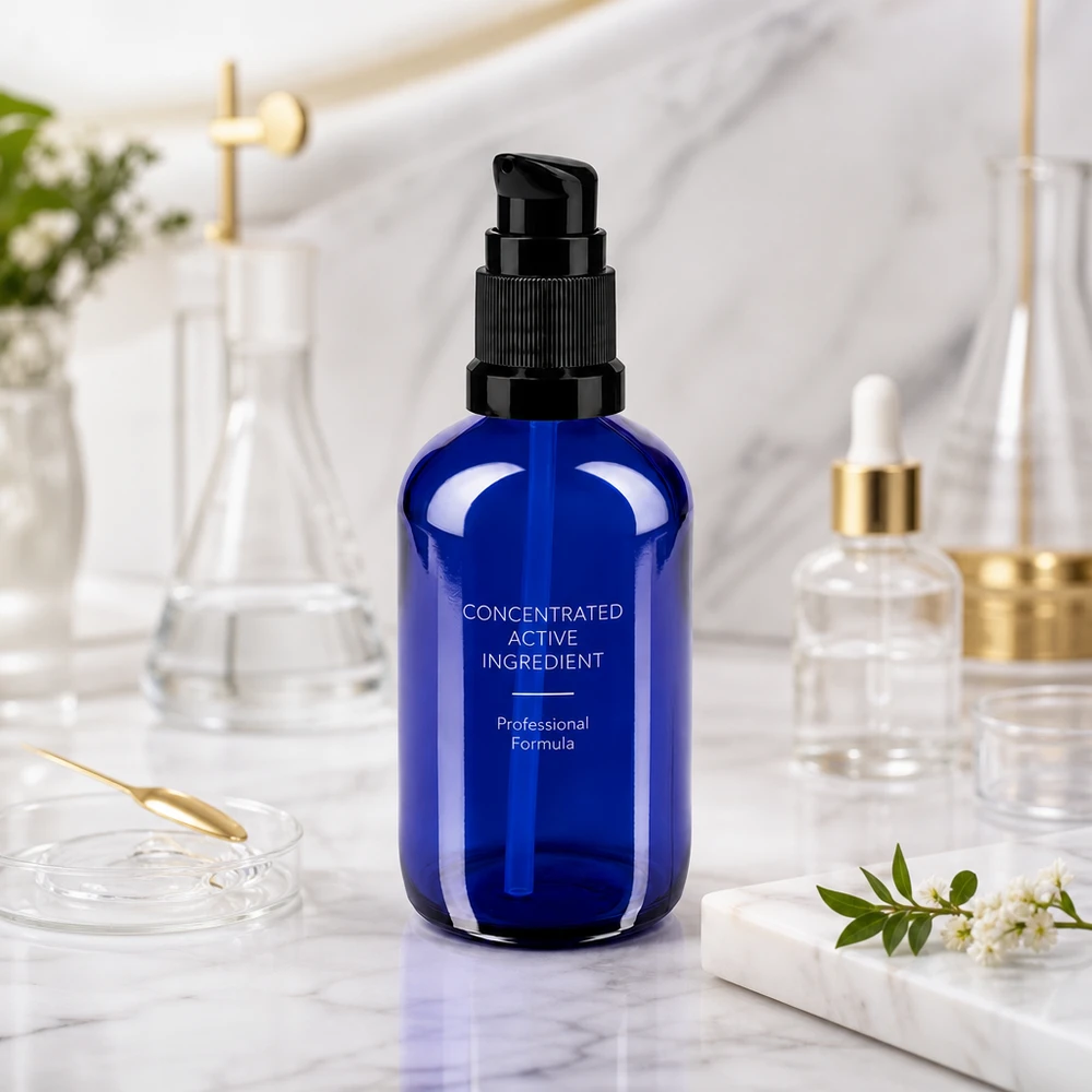 Frasco profesional con dosificador de 100 ml, de cristal de farmacia azul cobalto, en un entorno de laboratorio con matraces de Erlenmeyer