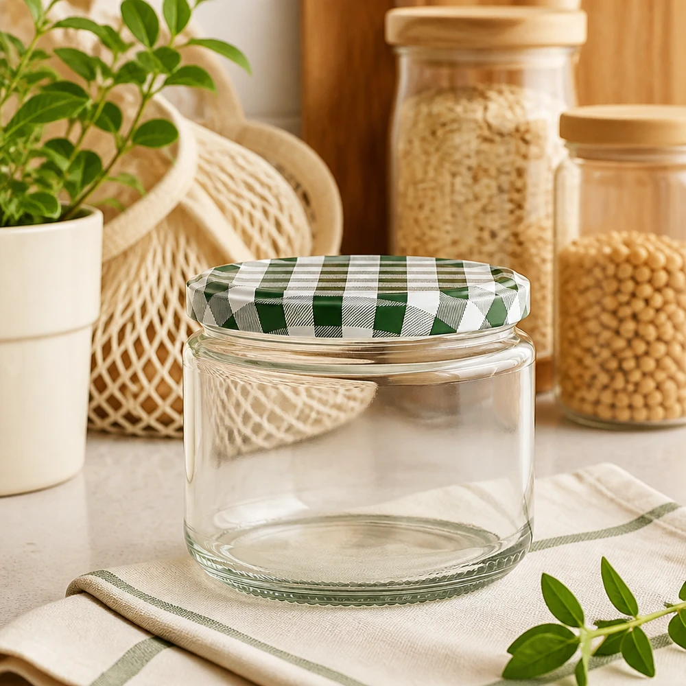 Tarro redondo 330ml + tapa BasicSeal verde/blanco UNiTWIST Tarro redondo de 330 ml vacío con tapa BasicSeal verde y blanca sobre la mesa de la cocina, tarros de almacenaje y plantas al fondo.