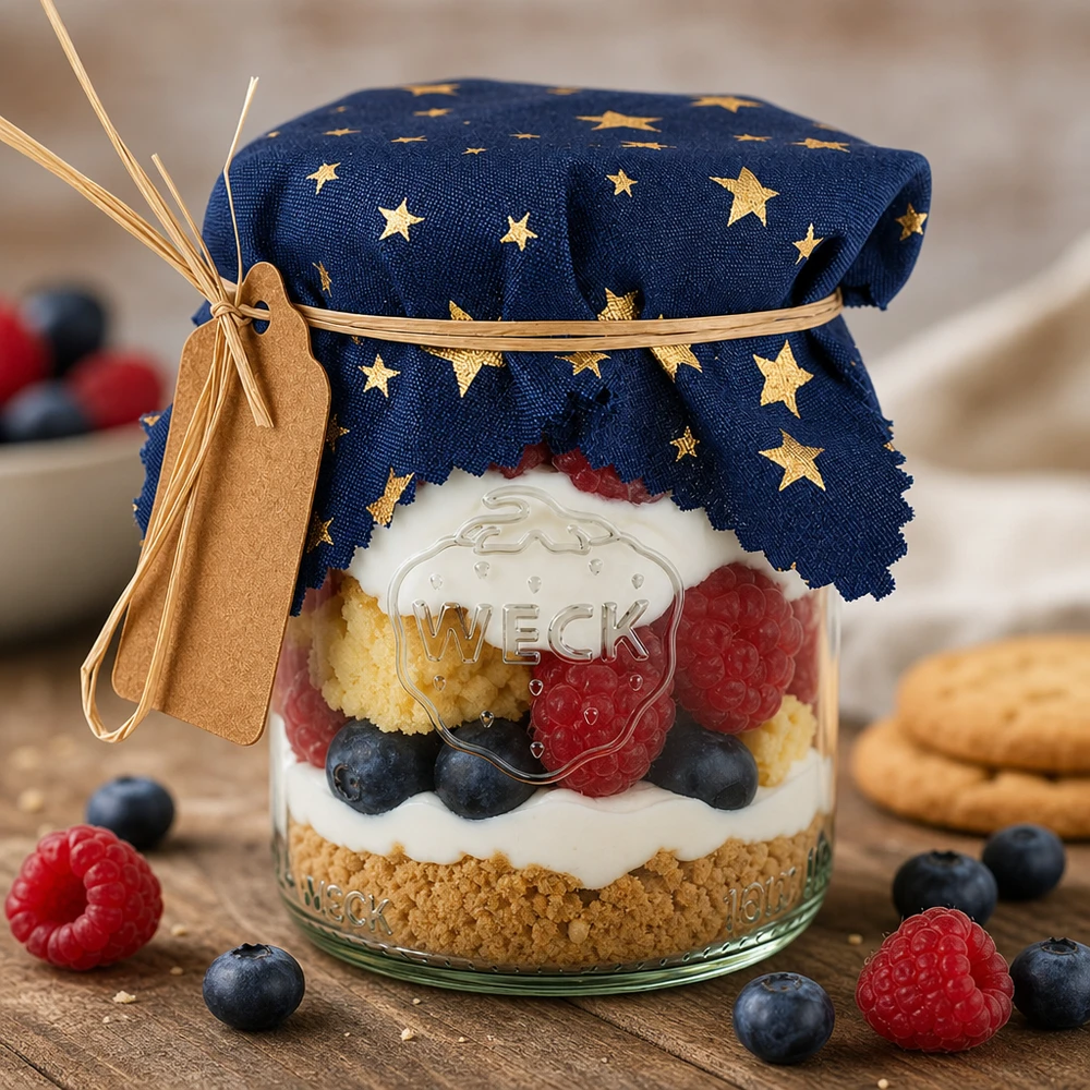 Salvamantel de tela azul "estrellas" 12cm cuadrado Dessert im Glas mit blauem Sternen-Stoffdeckchen, Beeren-Trifle dekorativ abgedeckt, festliche Präsentation für Gäste