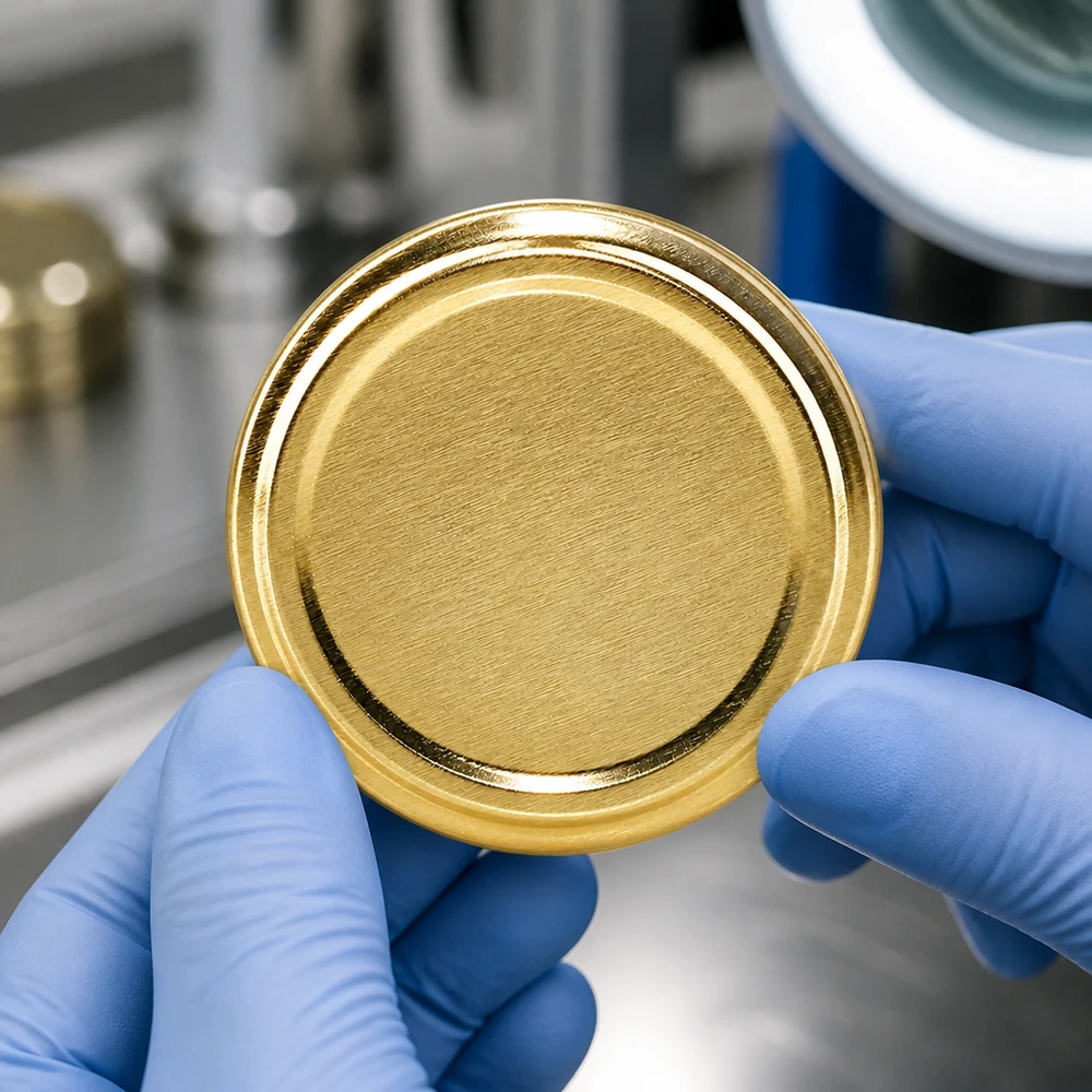 Control de calidad de las tapas doradas TO63 de 63 mm con guantes de protección en un entorno de laboratorio