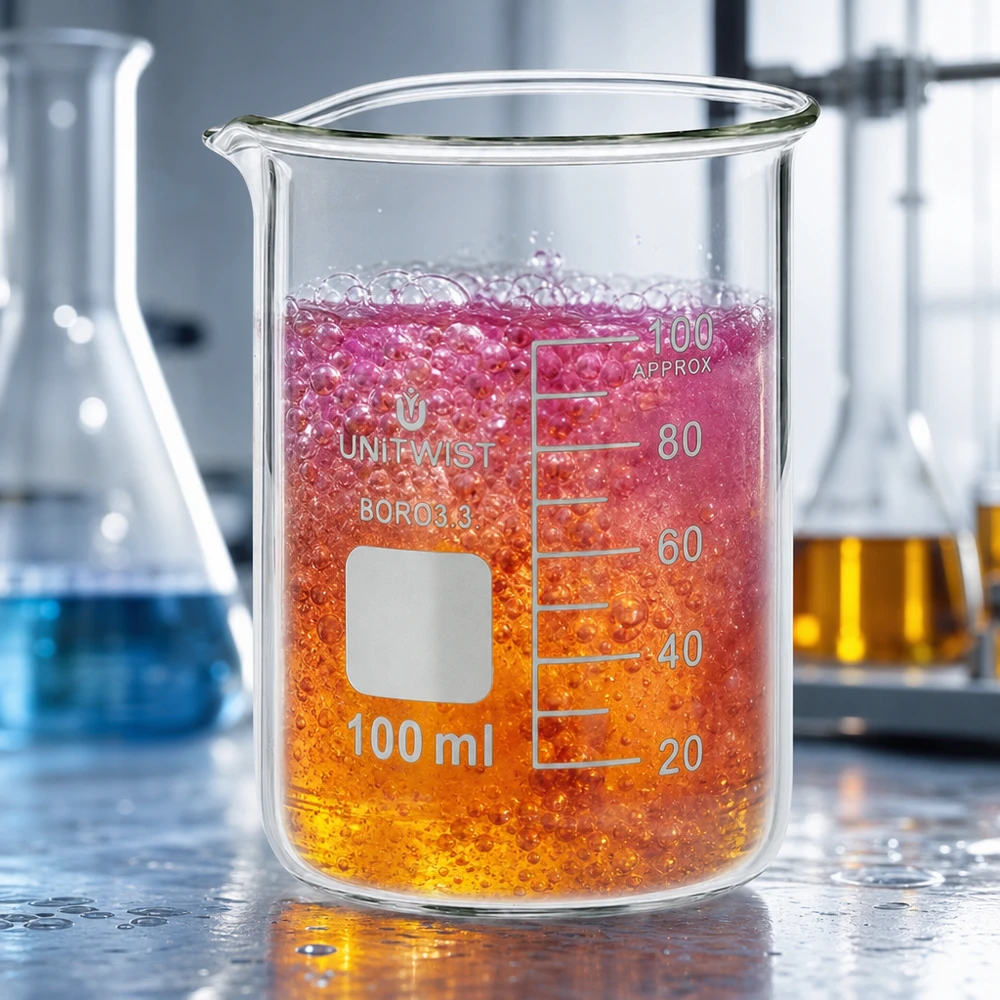 Vaso 100 ml borosilicato, molde bajo UNiTWIST Vaso de precipitados de 100 ml, de forma baja, con un líquido de reacción de color naranja-rosa y formación de burbujas UNiTWIST