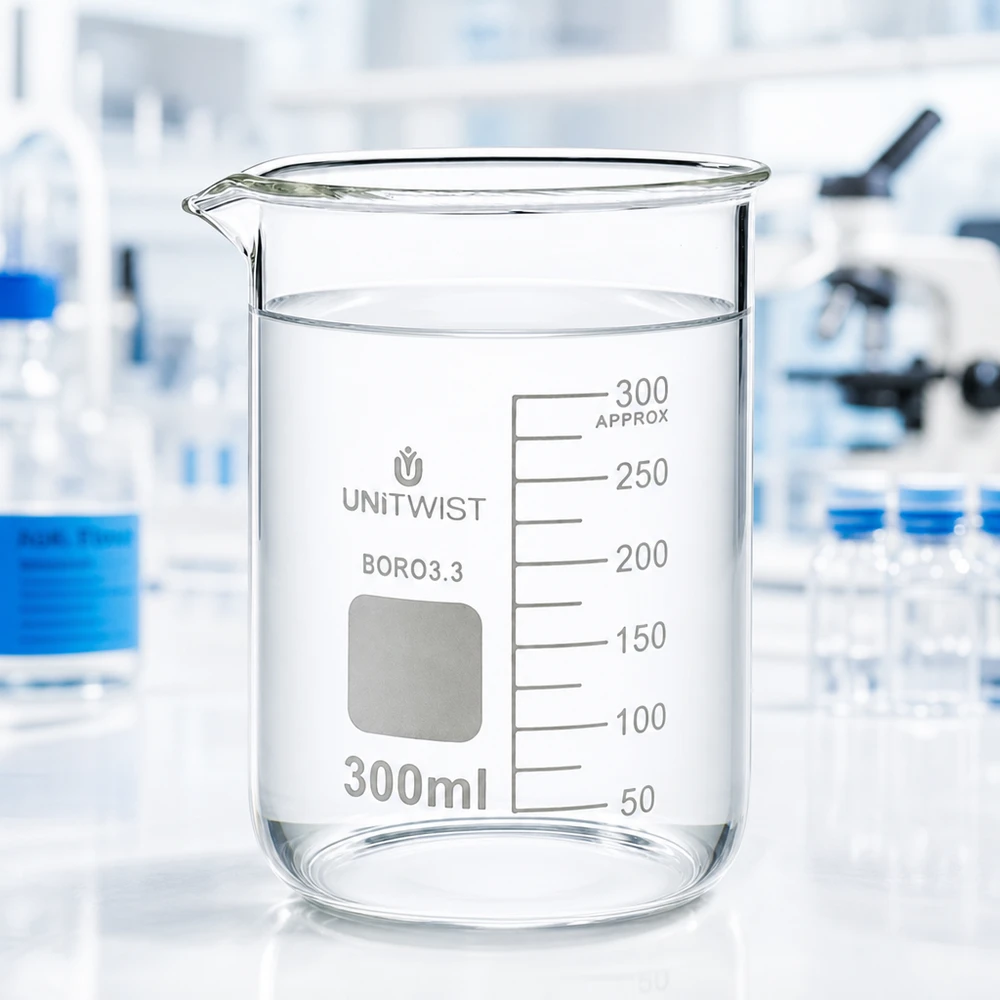 Imagen de laboratorio: vaso de precipitados UNiTWIST de 300 ml de borosilicato, de forma baja, con escala de medición al fondo; microscopio.