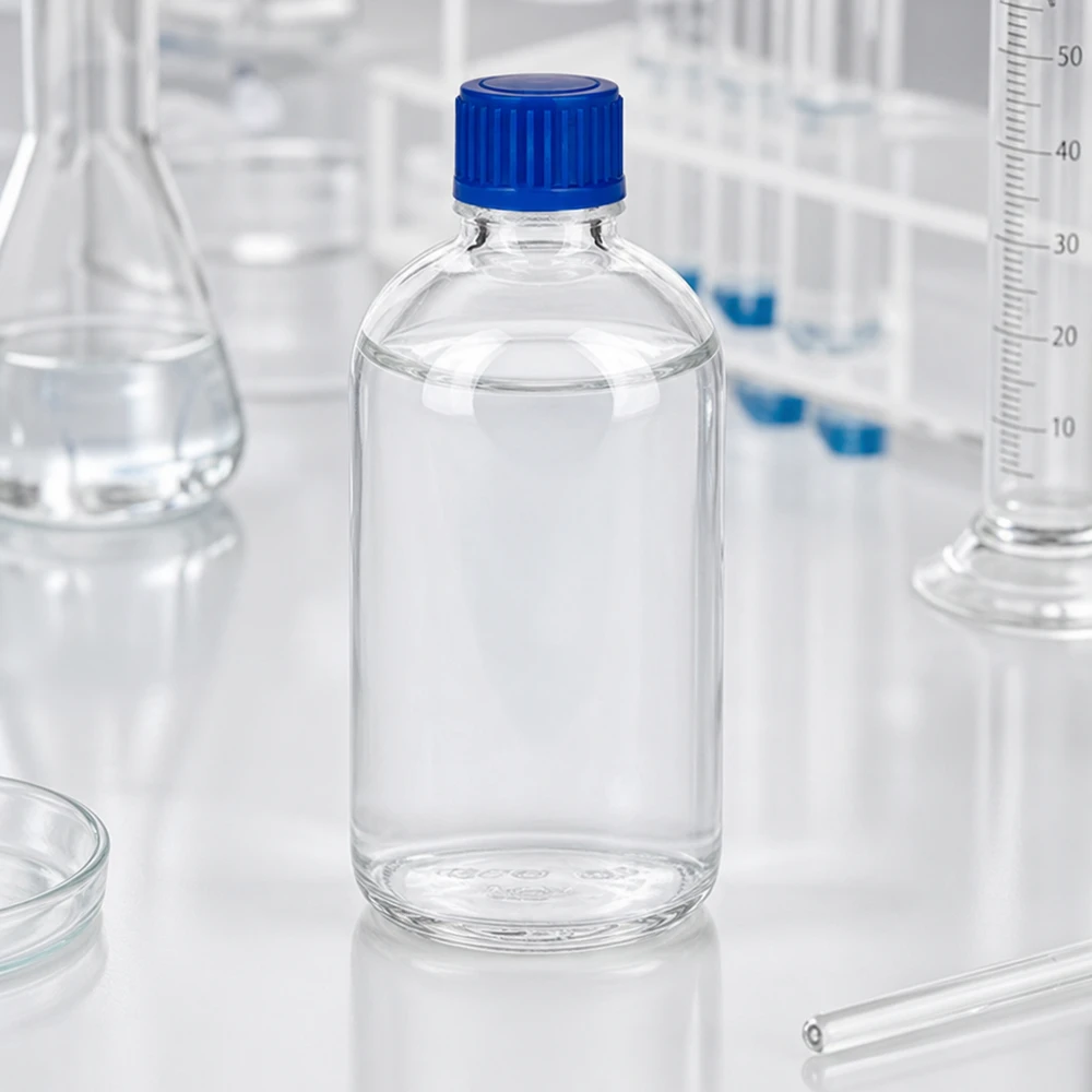 Frasco de vidrio transparente ClearLine UT18 de 100 ml, de calidad de laboratorio, con tapón azul de 11 mm para productos químicos