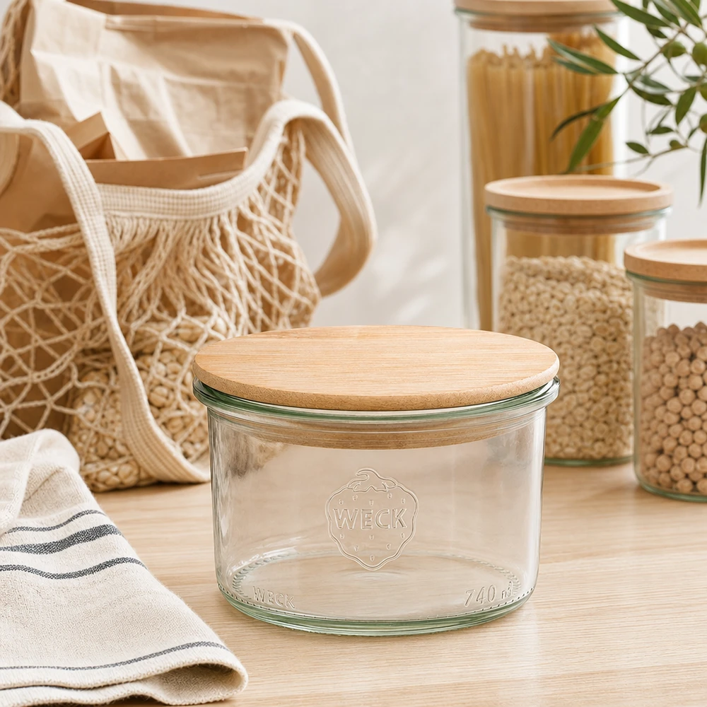 Vaso de 200ml WECK RR80 con tapa de madera WECK Sturzglas 200ml mit Holzdeckel in moderner Zero-Waste Küche mit Vorratsgläsern und nachhaltigen Textilien