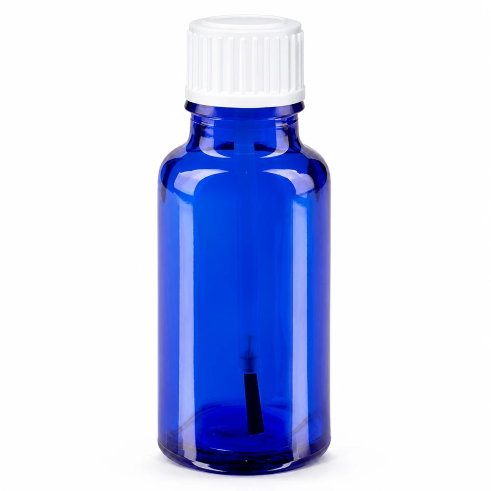 Botella de farmacia azul 20ml tapón rosca cepillo blanco Frasco de farmacia de cristal azul de 20 ml con tapón de rosca blanco