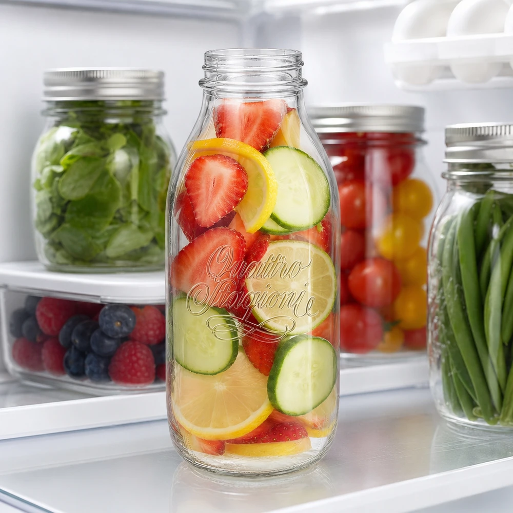 Botella de cristal de 1000ml "Quattro Stagioni" QS56mm Quattro Stagioni 1000ml Weithalsflasche mit Obst und Gemüse im Kühlschrank für Infused Water und Meal Prep