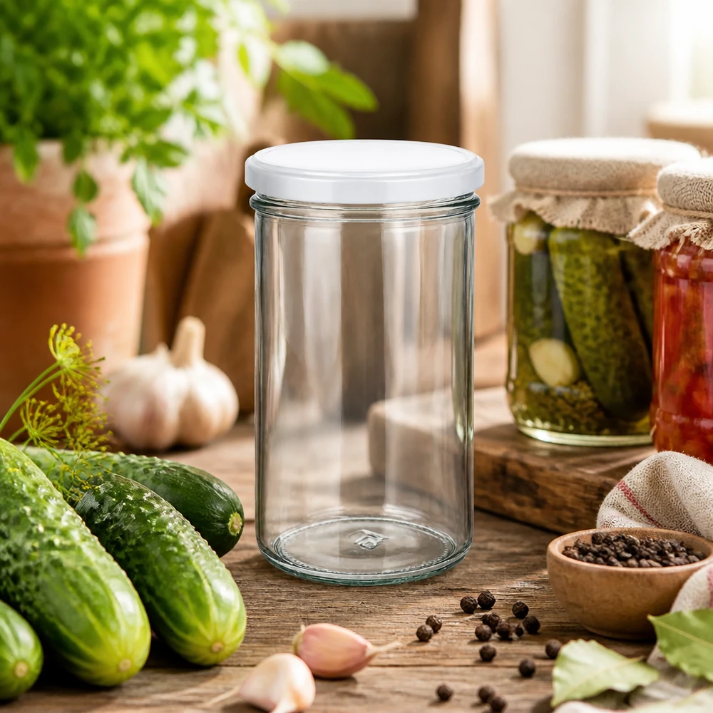 Vasos de 277ml con tapa BasicSeal blanco UNiTWIST 277ml Sturzglas in rustikaler Küchenszene mit Gurken und Gewürzen - vielseitiges Einmachglas für Pickles