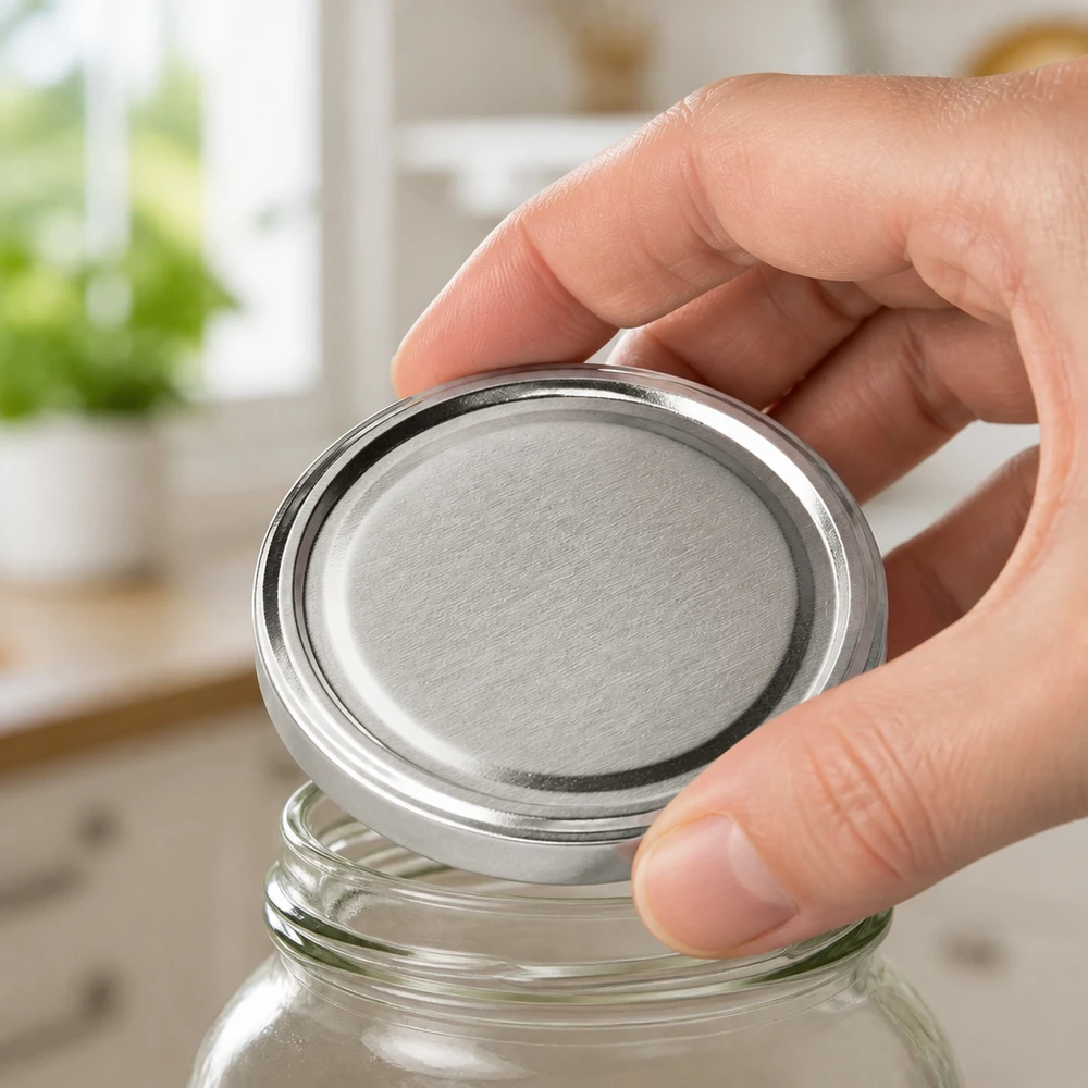 La tapa BasicSeal de 100 mm, color plata mate (TO100), se coloca sobre un tarro de conserva vacío en una cocina luminosa.