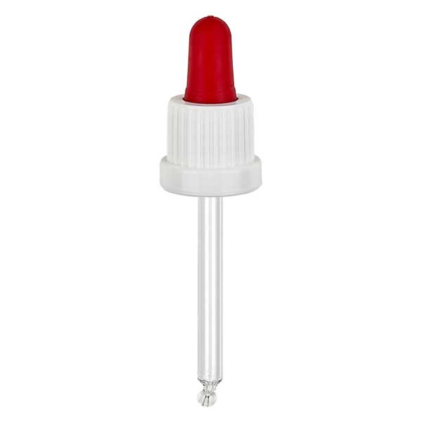 Pipeta cuentagotas de vidrio blanco/rojo 18mm PL66 cierre inviolable
