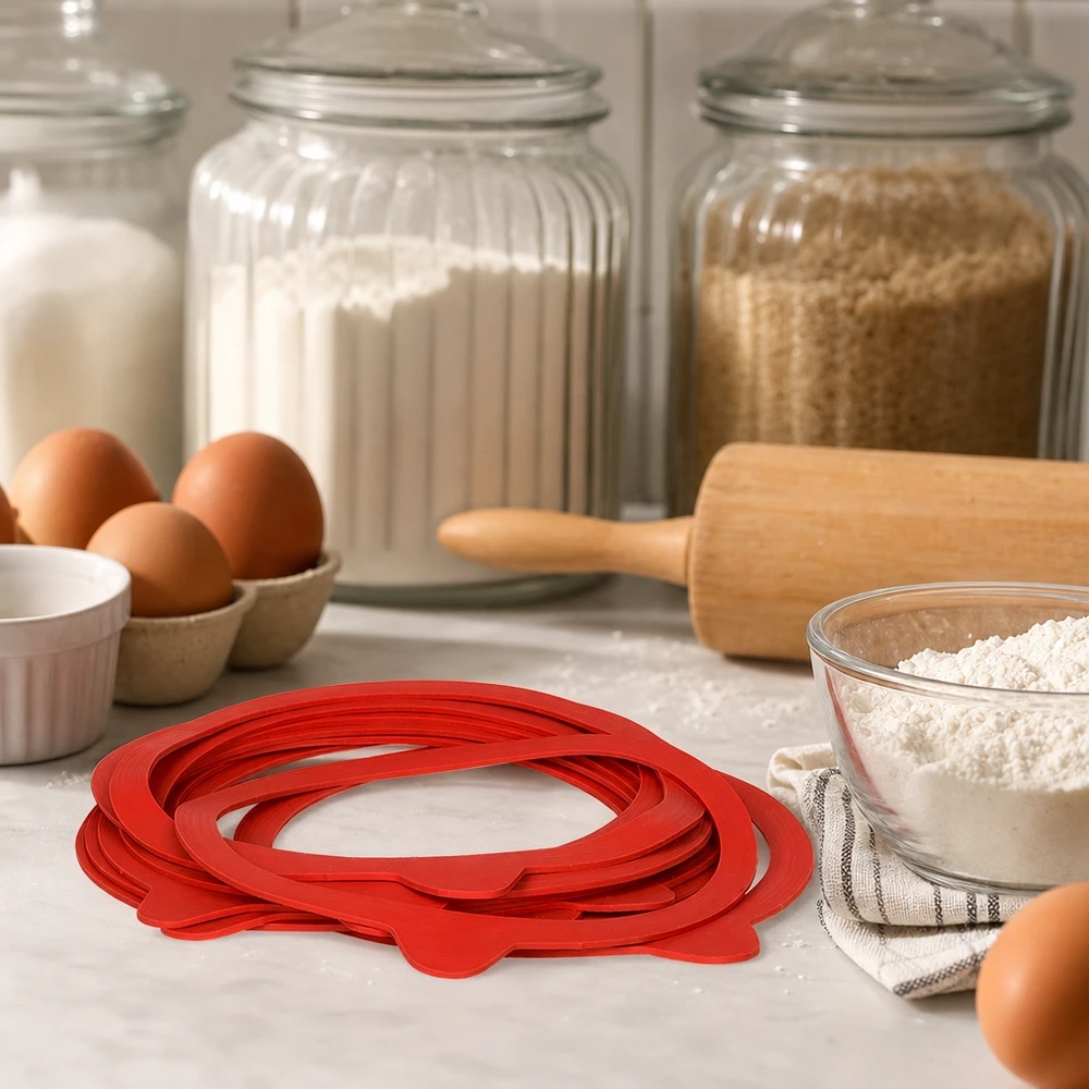 Anillos rojos para conservas RR120 de caucho natural en cocina con huevos, harina, rodillo y tarros para conservas