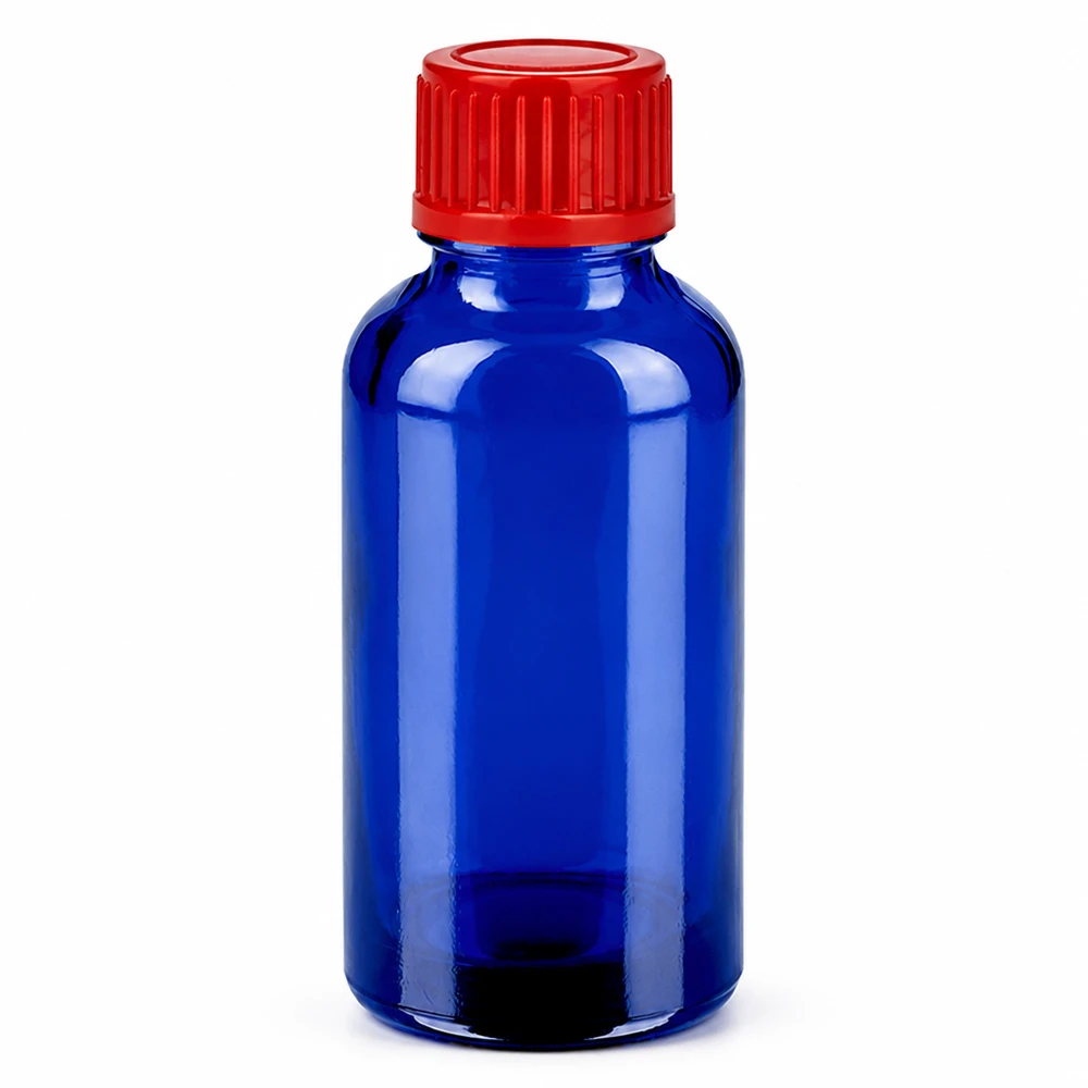 Frasco 30ml 11mm tapón rosca rojo estándar BlueLine UT18/30 Frasco de vidrio azul de 30 ml con tapón de rosca rojo para cosméticos y productos farmacéuticos