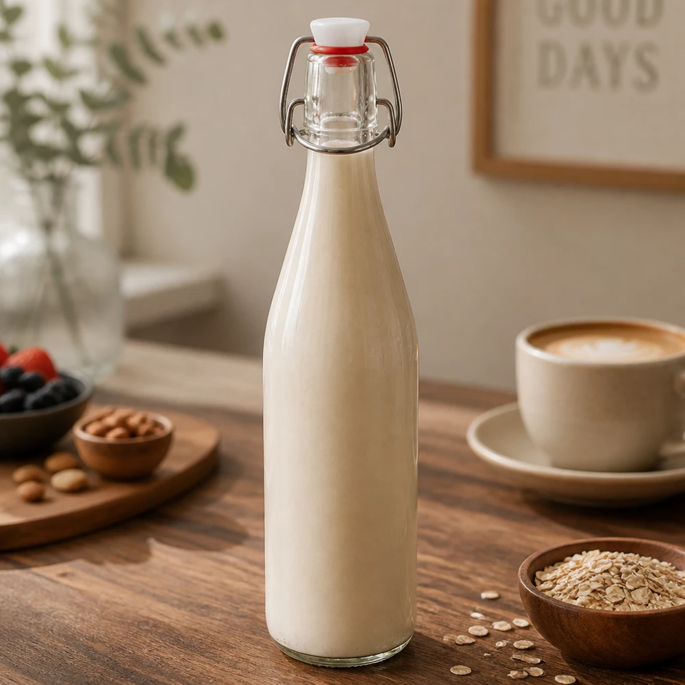 Botella de vidrio de 500ml + tapa oscilante de porcelana UNiTWIST Botella de cristal con tapa oscilante de 500 ml llena de leche de avena sobre una mesa de madera junto a una taza de café y copos de avena