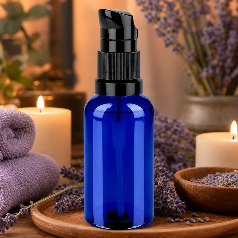 Frasco con bomba de 50 ml STD BlueLine UT18/50 ideal para sueros y aceites en un elegante diseño azul