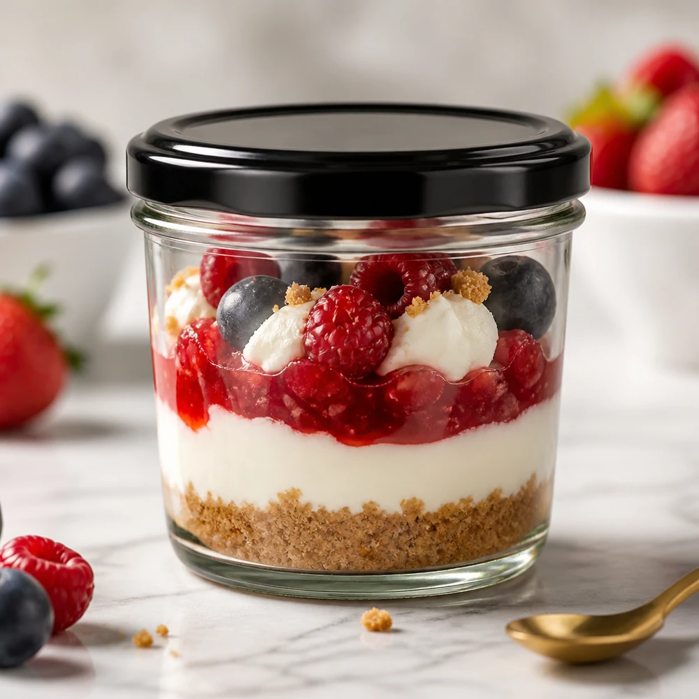 Los vasos de 230 ml con tapa BasicSeal negra rellenos de postre de bayas muestran una elegante porción y presentación
