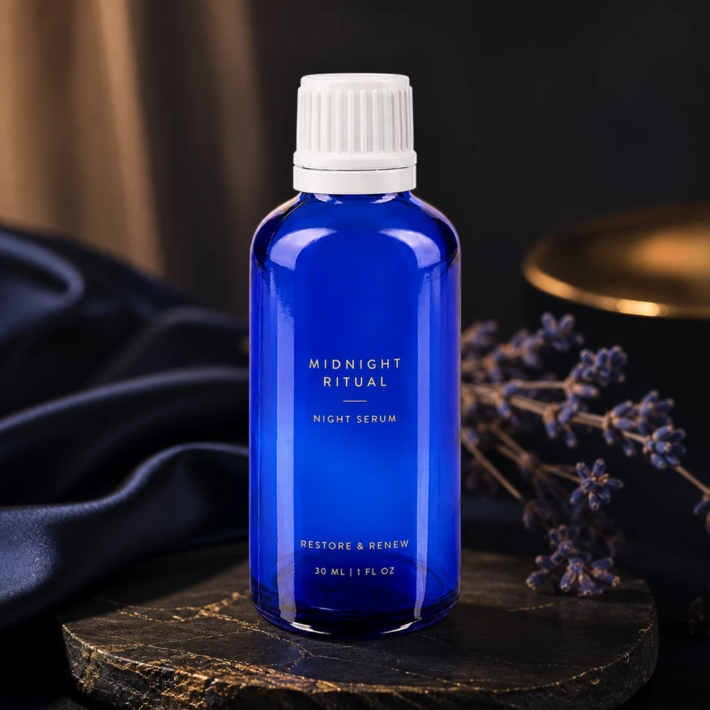 Frasco de cristal azul de 30 ml con tapón de seguridad para niños de color blanco sobre una base de piedra oscura
