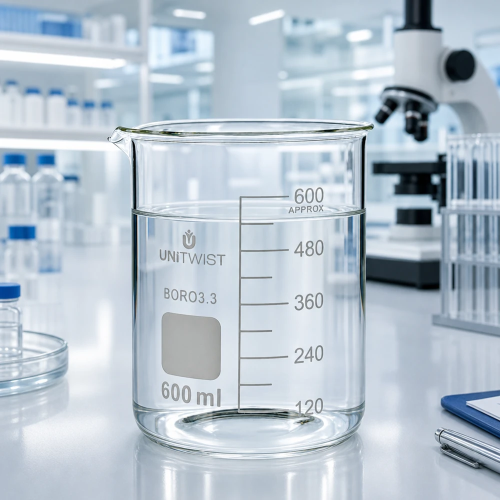 Vaso de precipitados UNiTWIST de 600 ml, de borosilicato 3.3, transparente, con espacio para etiquetar, para laboratorios modernos