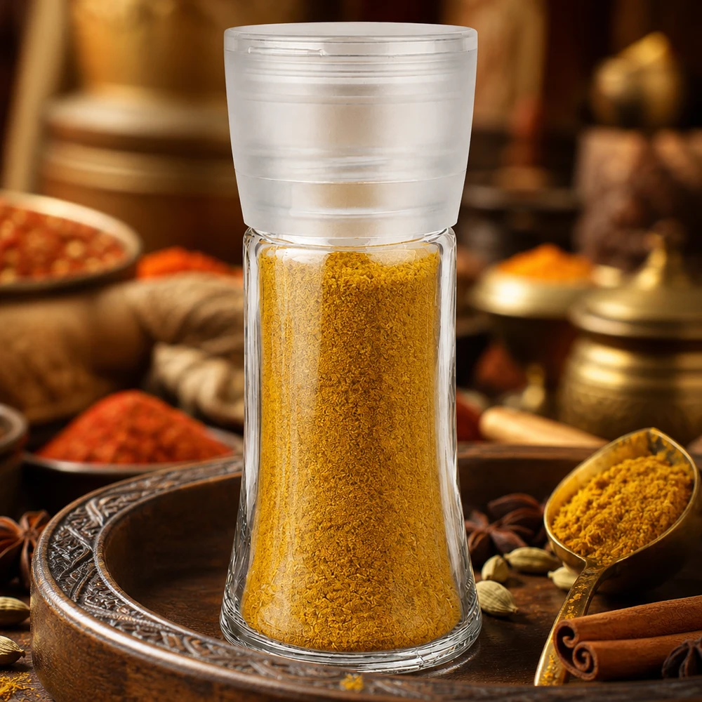 Frasco para especias «Vario» de 95 ml con molinillo blanco, lleno de curry en polvo amarillo, en un entorno oriental