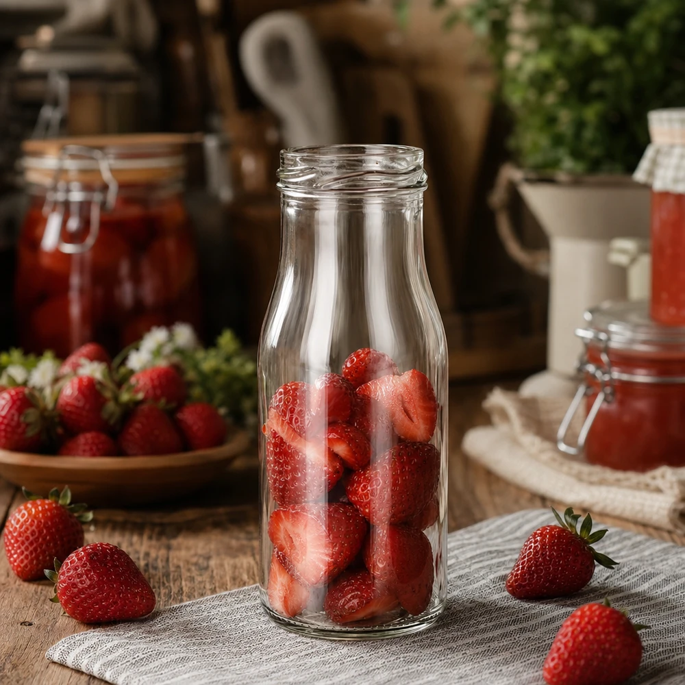 Frasco de 150ml sin tapa (TO43) UNiTWIST UNiTWIST Botella150 Botella de cristal de 150 ml TO43 rellena de fresas frescas sobre una mesa rústica de madera con tarros de mermelada