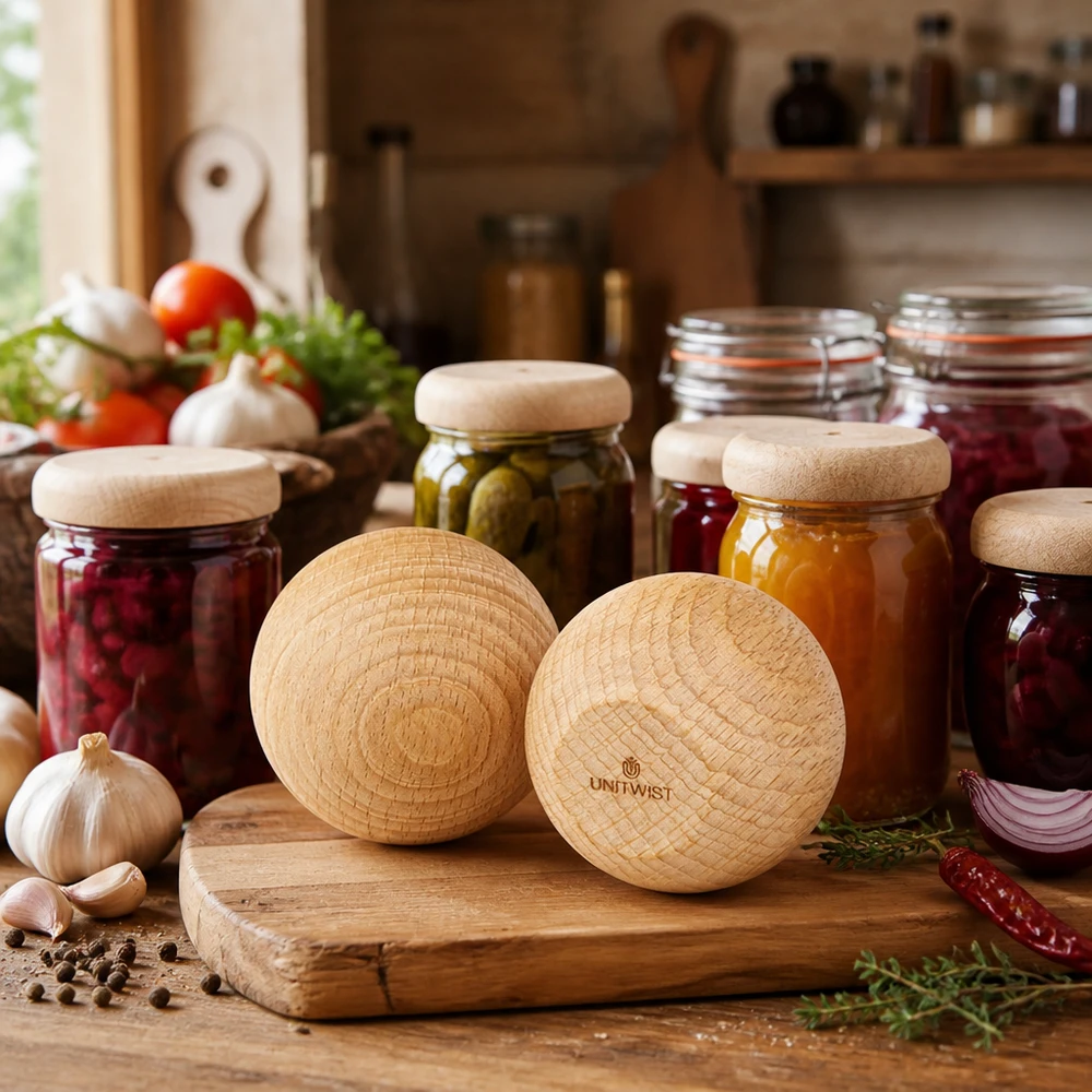 Bola de madera UNiTWIST (haya) para WECK RR60 UNiTWIST bolas de madera de haya WECK RR60 en una cocina rústica con tarros de conserva e ingredientes frescos Ejemplo de aplicación