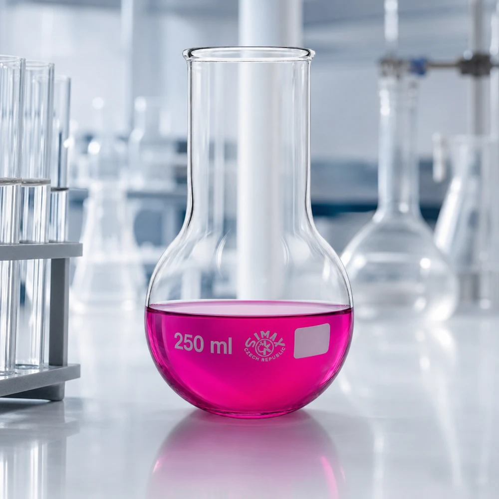 Frasco de laboratorio de boca ancha de 250 ml con líquido rosa para experimentos químicos