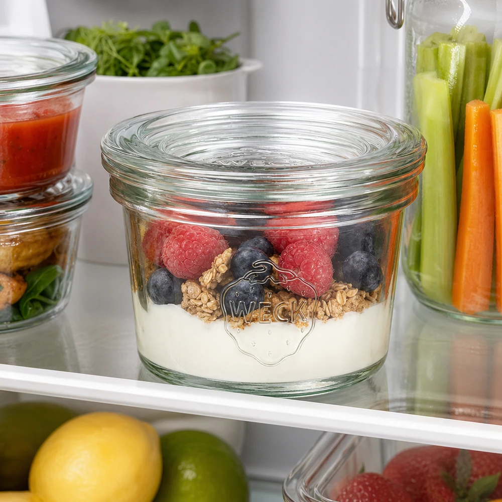 Vasos WECK RR40 de 35 ml con yogur, bayas y frutos secos en la nevera junto a palitos de verduras y hierbas aromáticas