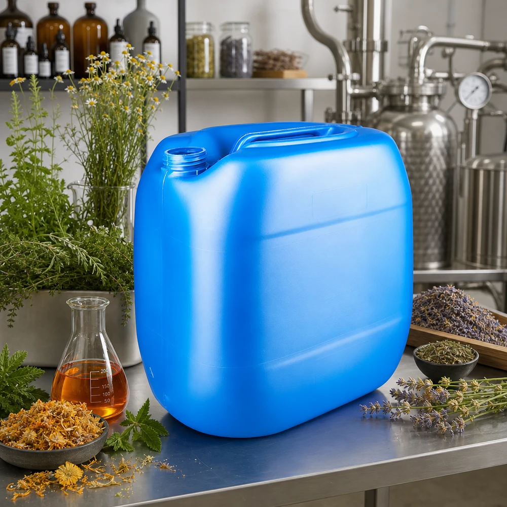 Jerrycan 30 litros azul sin tapa Gran bidón de plástico azul de 30 litros sin tapón, rodeado de hierbas y un alambique
