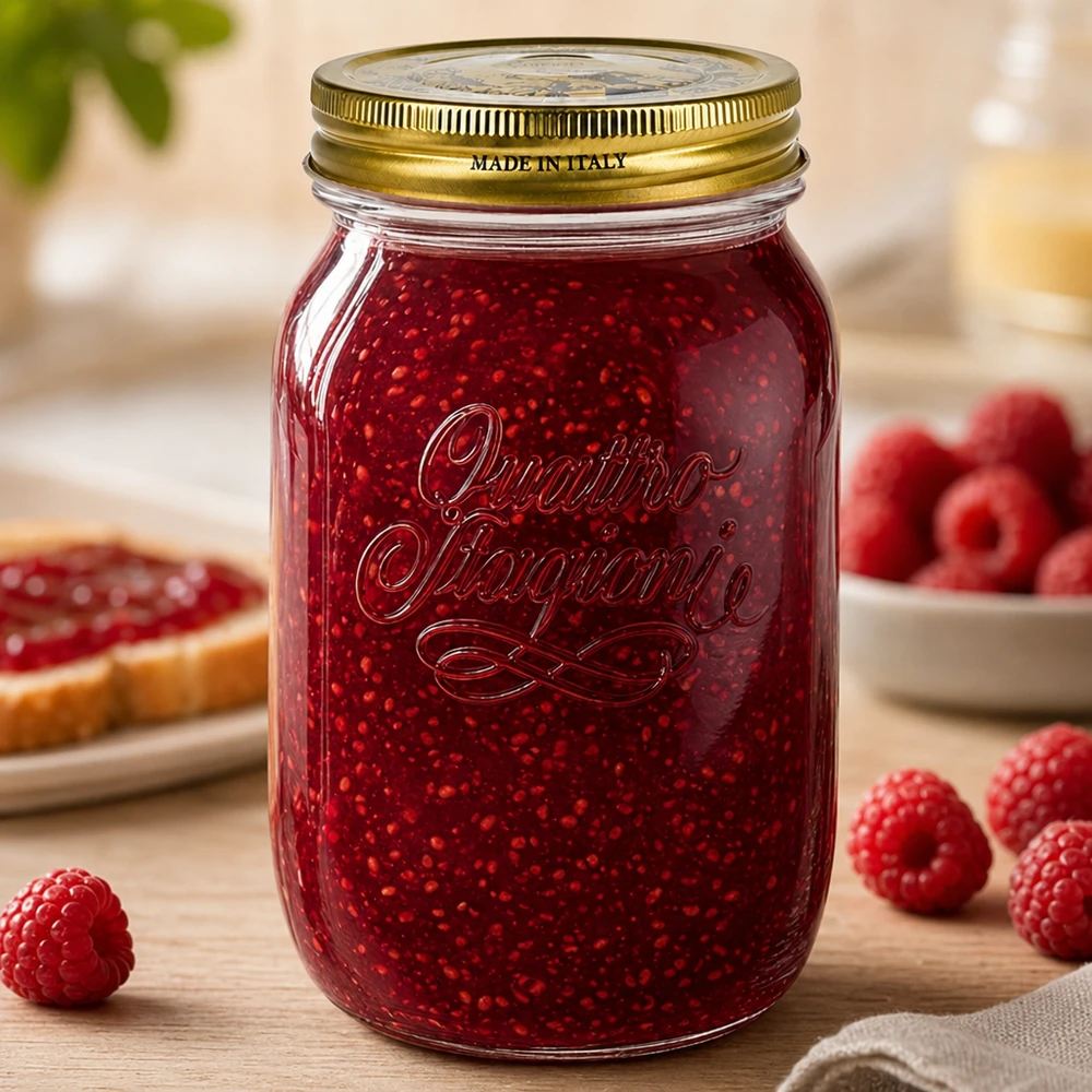 Tarro redondo "Quattro Stagioni" de 1000ml con tapa Tarro de 1000 ml Quattro Stagioni relleno de mermelada de frambuesa rodeado de frambuesas frescas Tarro de conserva italiano