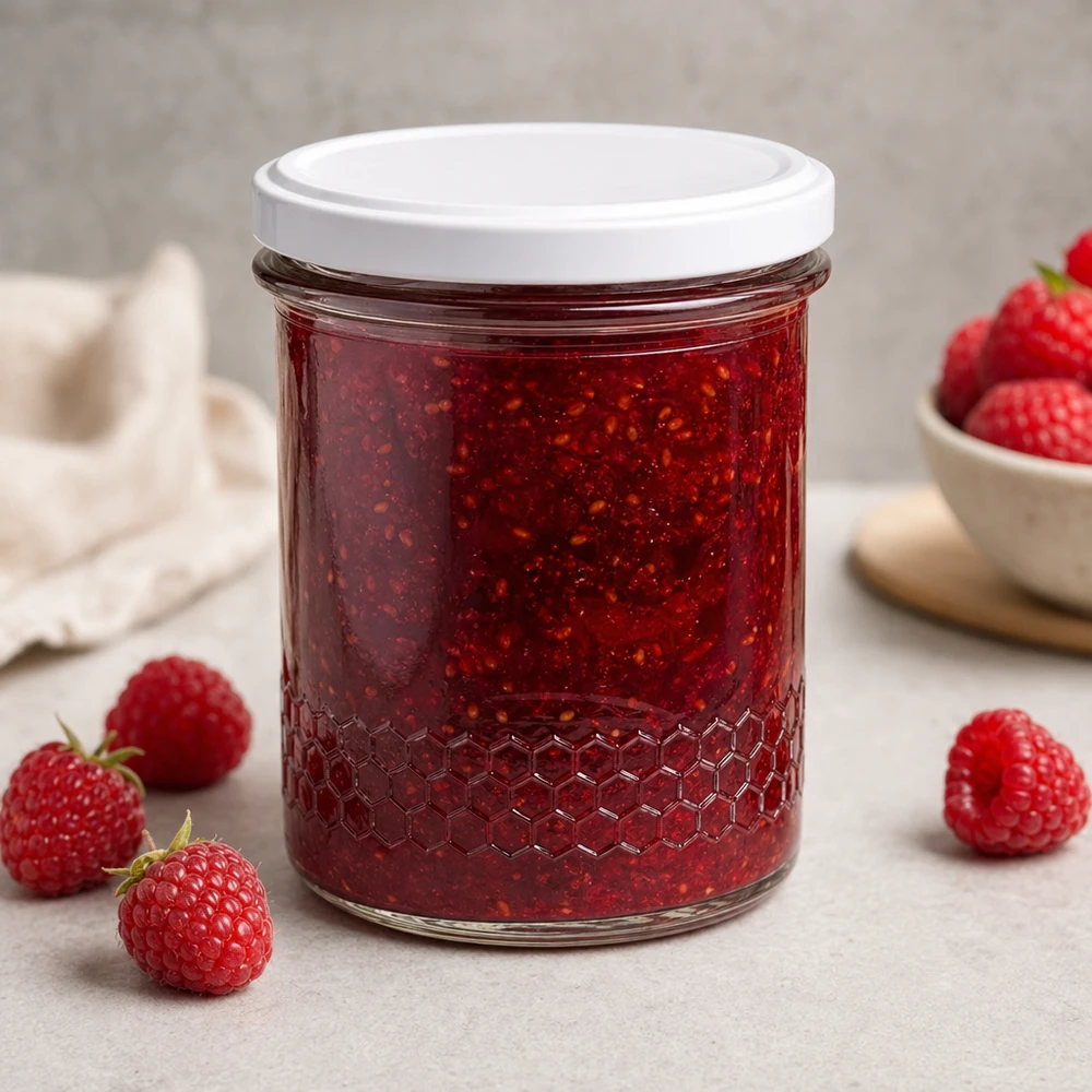 Tarro para miel de 560 g con tapa blanca BasicSeal UNiTWIST Tarro de miel de 400 ml como tarro de mermelada para mermelada de fresa relleno de fresas frescas uso decorativo en cocina