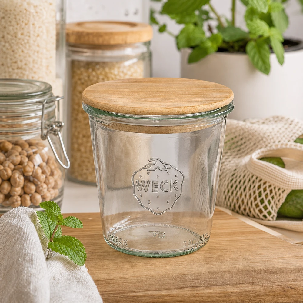 WECK vasos 290ml RR80 con tapa de madera en la cocina sostenible con tarros de almacenamiento de hierbas y materiales naturales