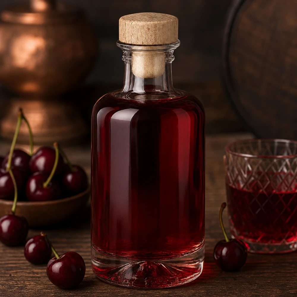 Botella de farmacia de 100 ml «Sofia» con tapón de corcho con asa de madera UNiTWIST® 100ml Glasflasche Sofia mit Holzkorken gefüllt mit rotem Kirschlikör neben frischen Kirschen rustikale Küche