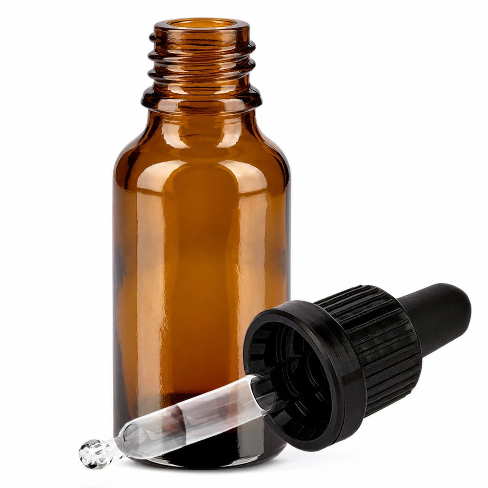 Frasco pipeta 20ml cierre inviolable negro BrownLine UT18/20 Frasco de vidrio de 20 ml de color ámbar con pipeta y tapón de rosca negro para una dosificación precisa