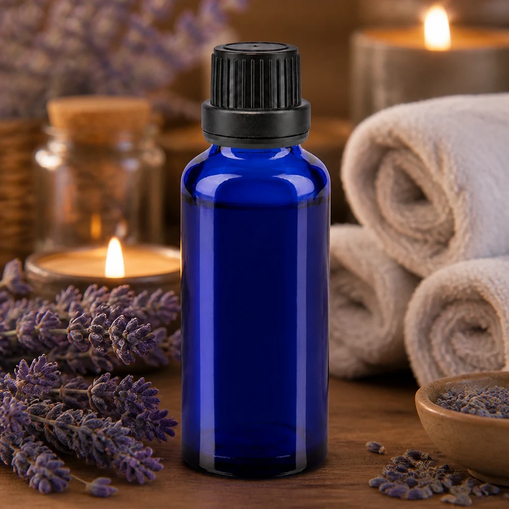 Frasco de cristal azul de 30 ml con tapón cuentagotas para aceite de lavanda y aplicaciones de aromaterapia