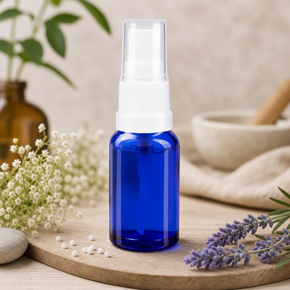 Frasco miniatura de 10 ml de color azul cobalto, fabricado en vidrio con protección UV, con pulverizador blanco sobre base de madera