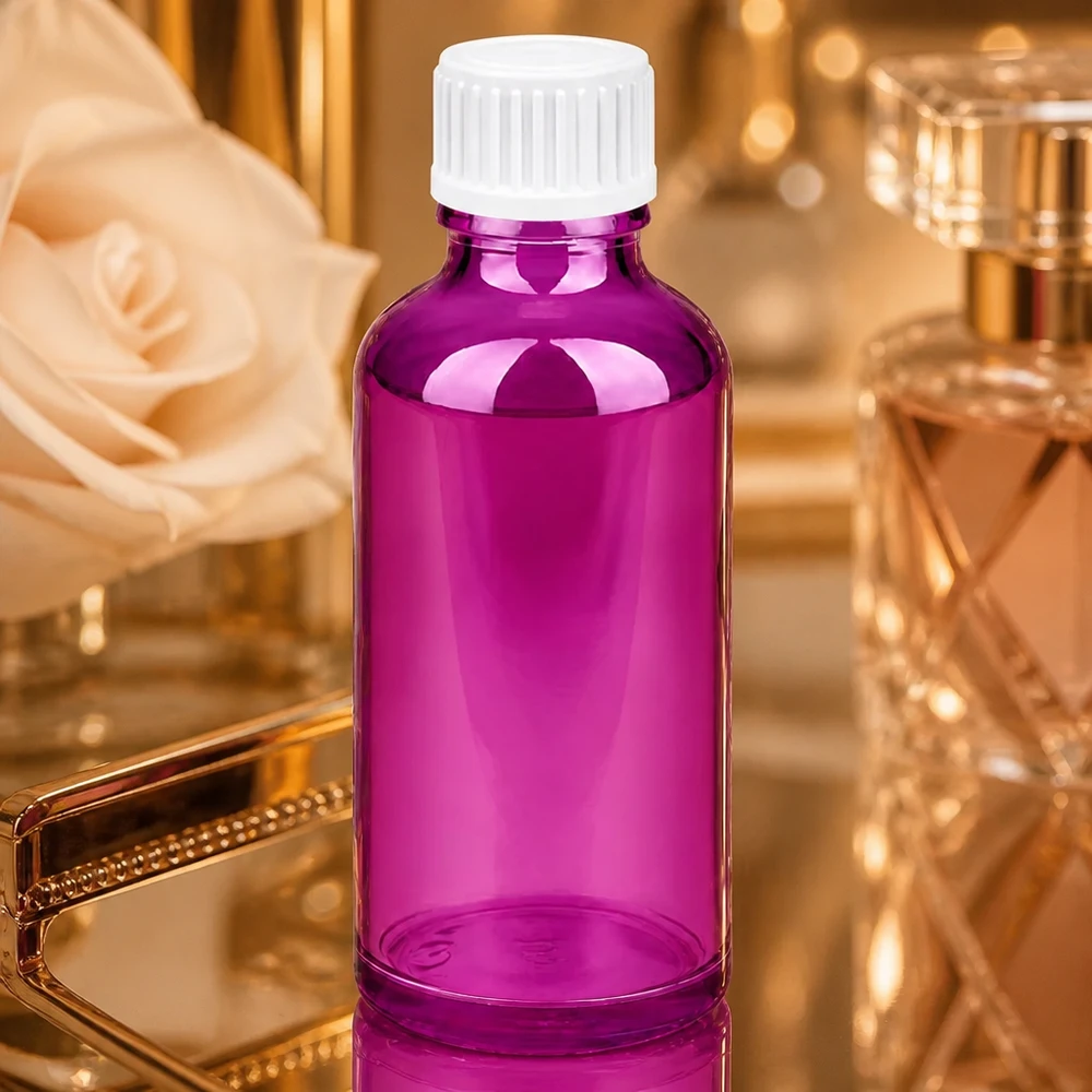 Frasco de 50 ml (glóbulo) Anillo vertedor de 3 mm blanco PurpleLine estándar. UT18/50 Frasco de vidrio de alta calidad de 50 ml con rosca de 18 mm en color púrpura transparente para aplicaciones farmacéuticas