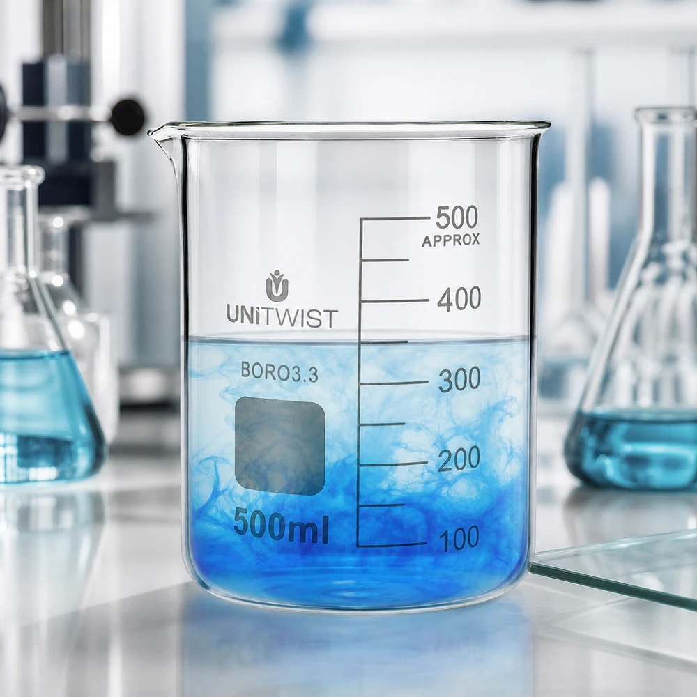 Vaso de borosilicato de 500 ml UNiTWIST, de perfil bajo, con graduación grabada y pico vertedor