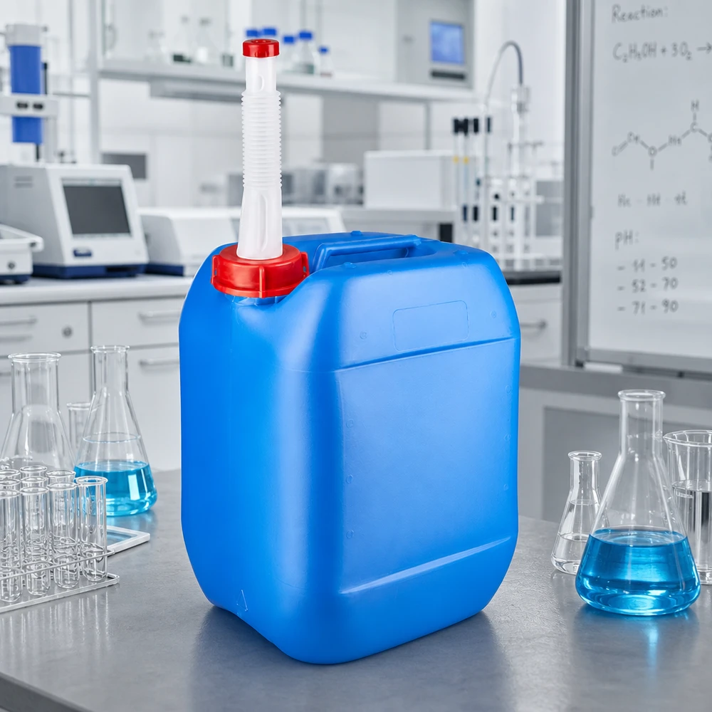 Bidón resistente de HDPE de 10 litros, de color azul con boquilla flexible blanca, para uso en laboratorio