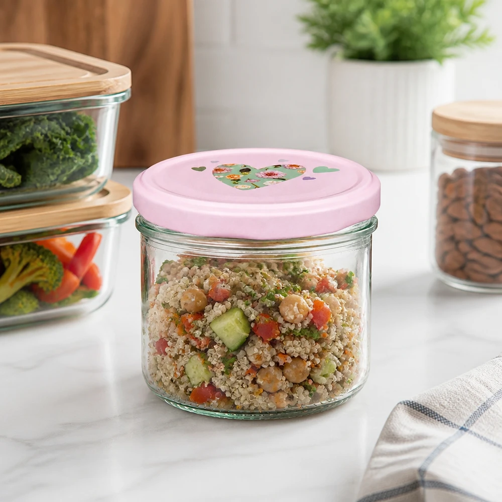 tarro cilíndrico de 230 ml + tapa BasicSeal rosa corazón 230ml Zylinderglas mit rosa Herz-Deckel in moderner Küche, ideal für Quinoa-Salat und gesunde Meal-Prep-Gerichte