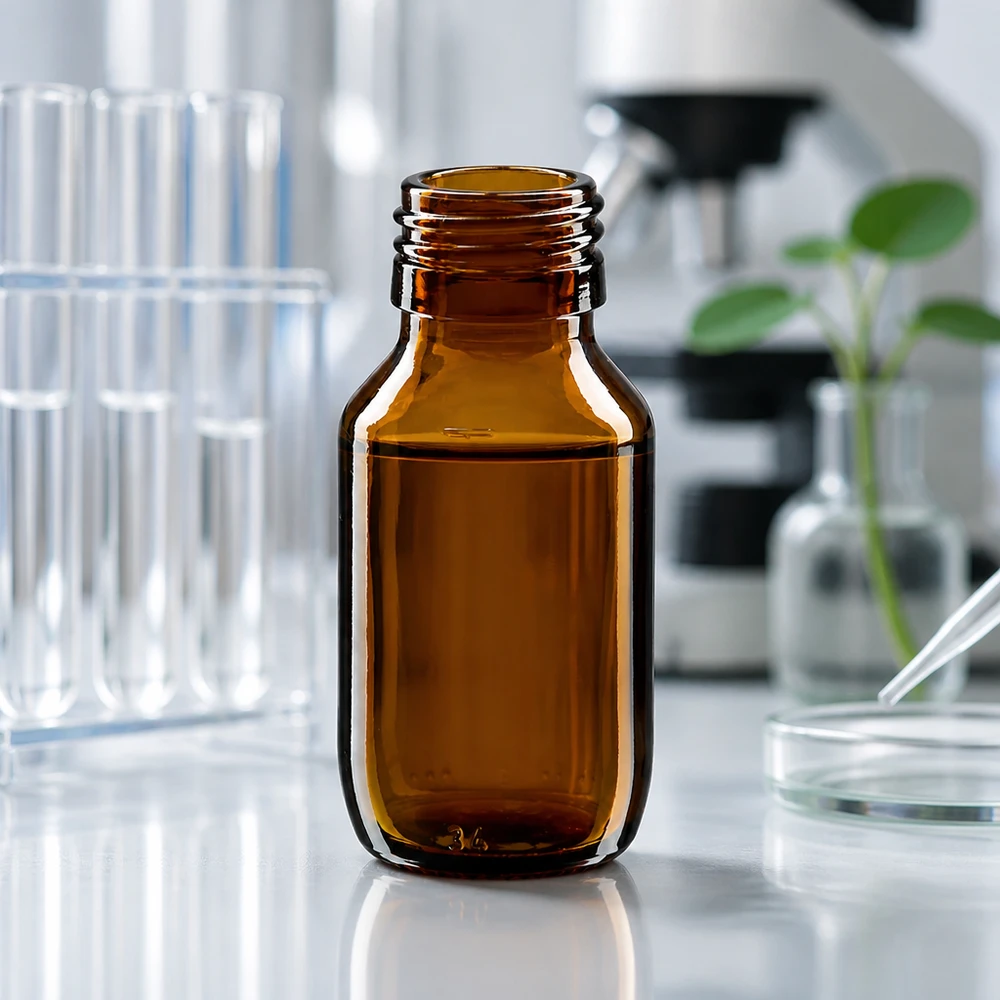 Frasco boticario pequeño de 50 ml en vidrio ámbar sin tapa Rosca PP28 para aplicaciones de laboratorio