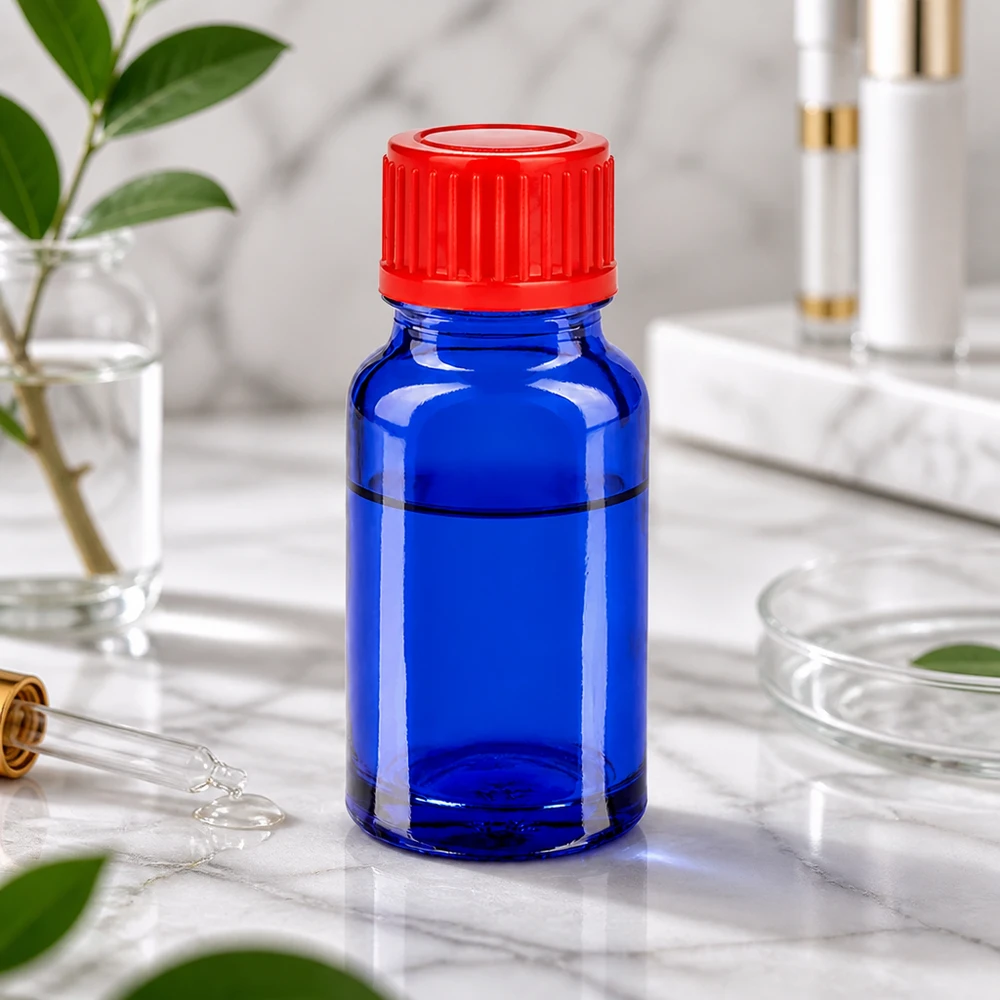 Frasco de vidrio de 10 ml de alta calidad con protección UV gracias al vidrio azul cobalto y al tapón rojo de seguridad