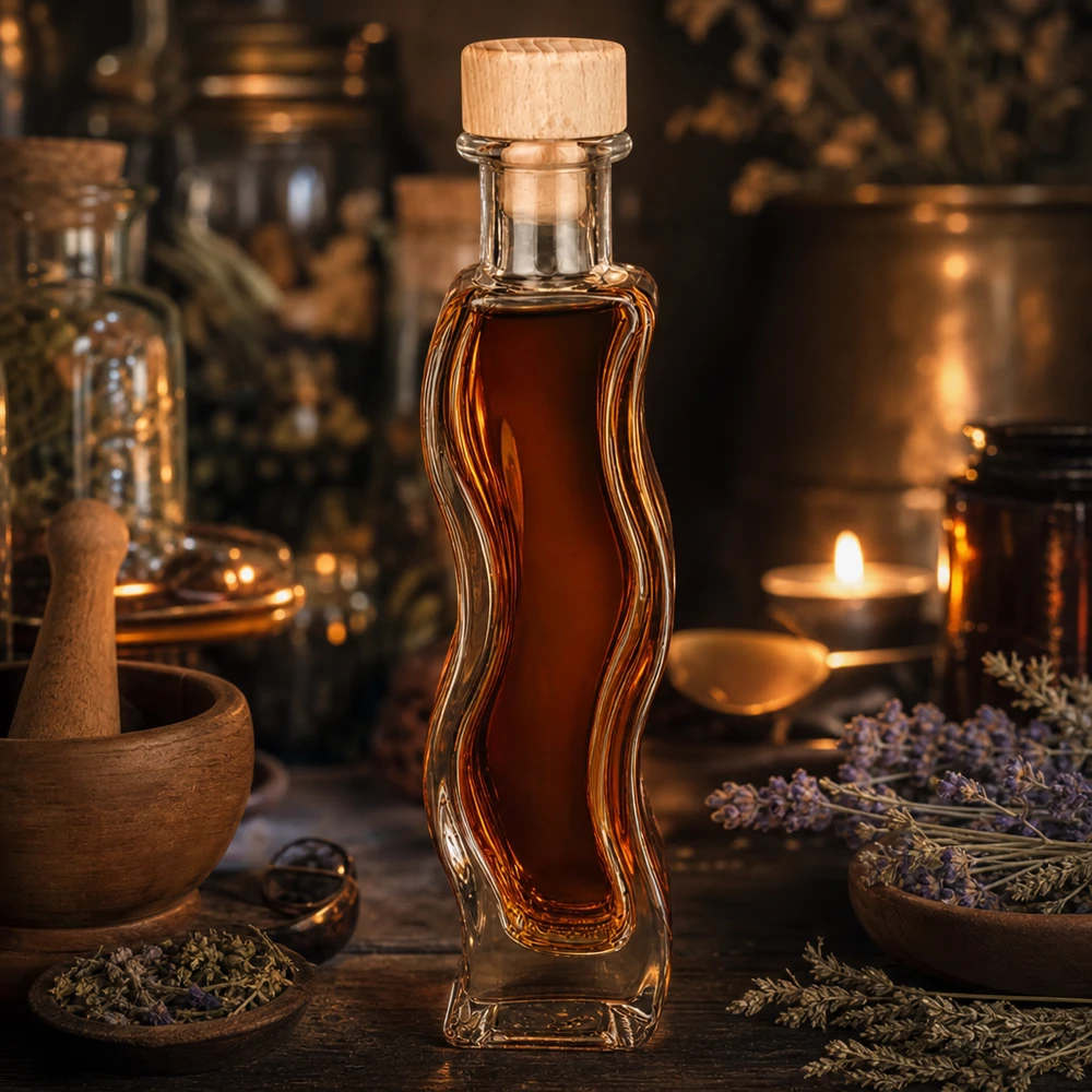 Botella de vidrio de 100 ml «Melissa» con tapón de corcho con asa de madera UNiTWIST® Botella de cristal Melissa de 100 ml con contenido de color ámbar Corcho de madera Ambiente de botica rústica Luz de vela de lavanda