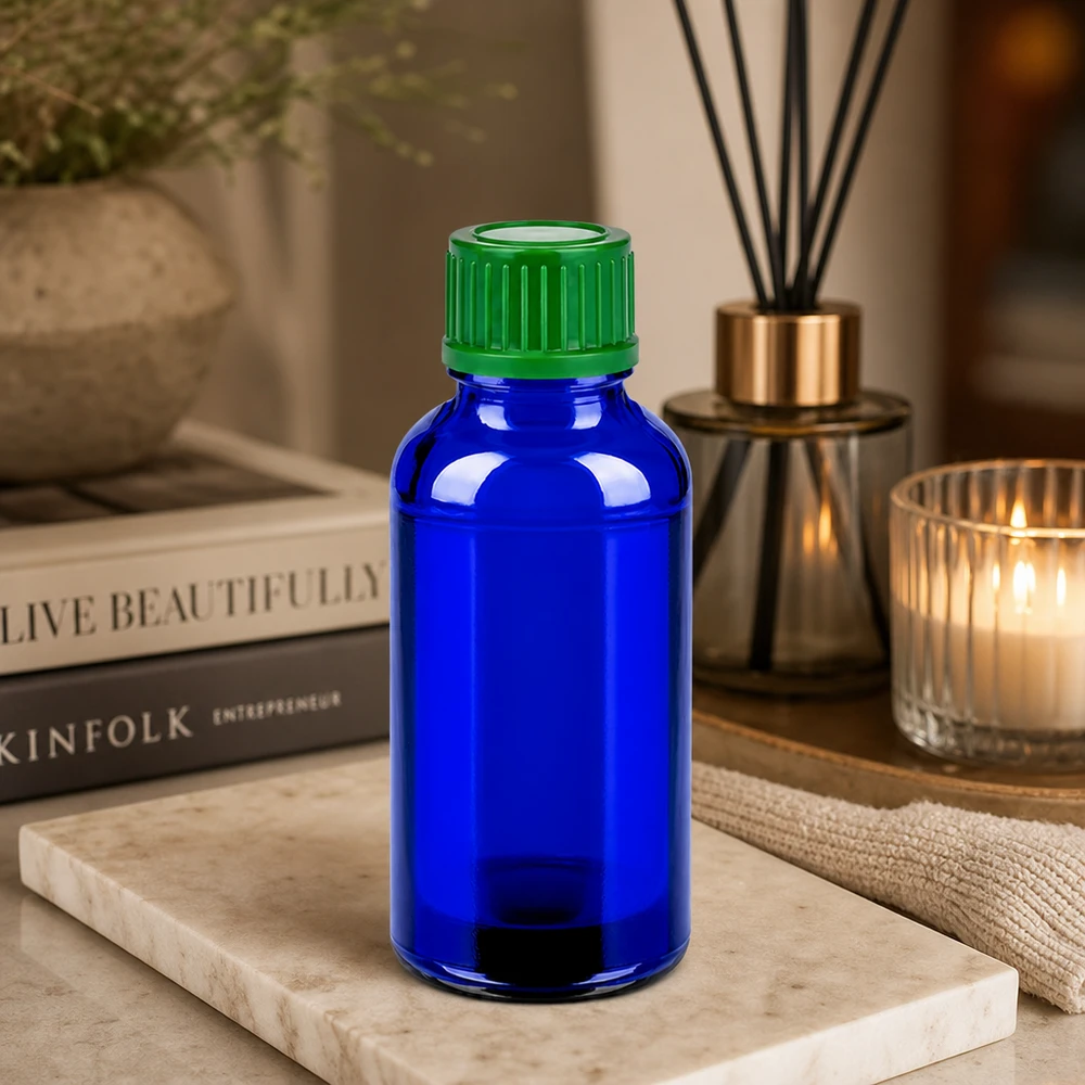 Frasco 30ml 11mm tapón rosca verde estándar BlueLine UT18/30 Frasco de vidrio de 30 ml de alta calidad con protección UV gracias al color azul y al tapón de rosca seguro