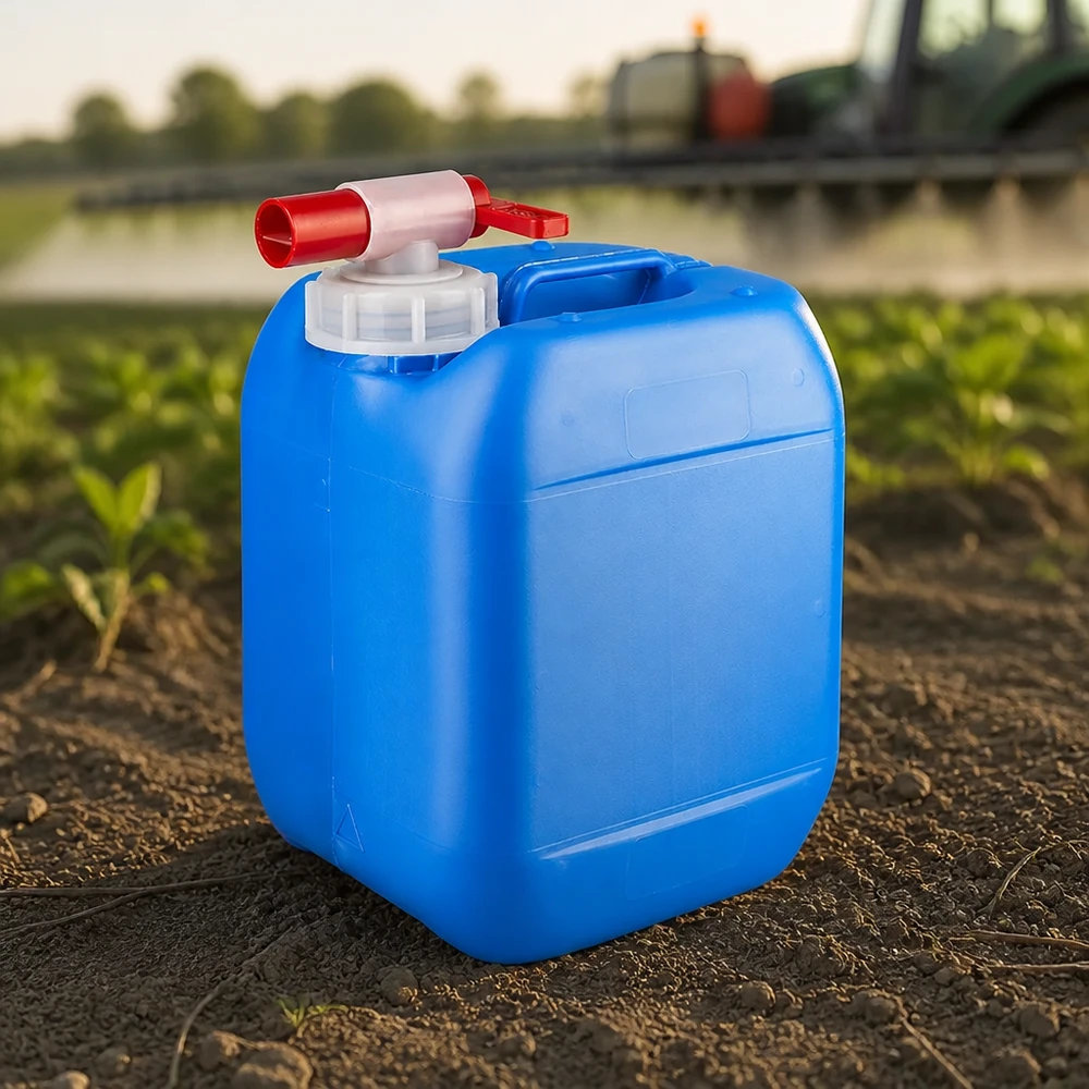 Bidón azul de HDPE de 5 litros con grifo de salida en un campo de cultivo, delante de un tractor durante una operación de pulverización