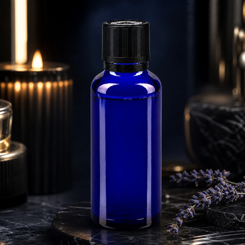 Frasco de cristal azul de 30 ml con tapón de rosca negro y cierre de seguridad para niños, para aceites esenciales