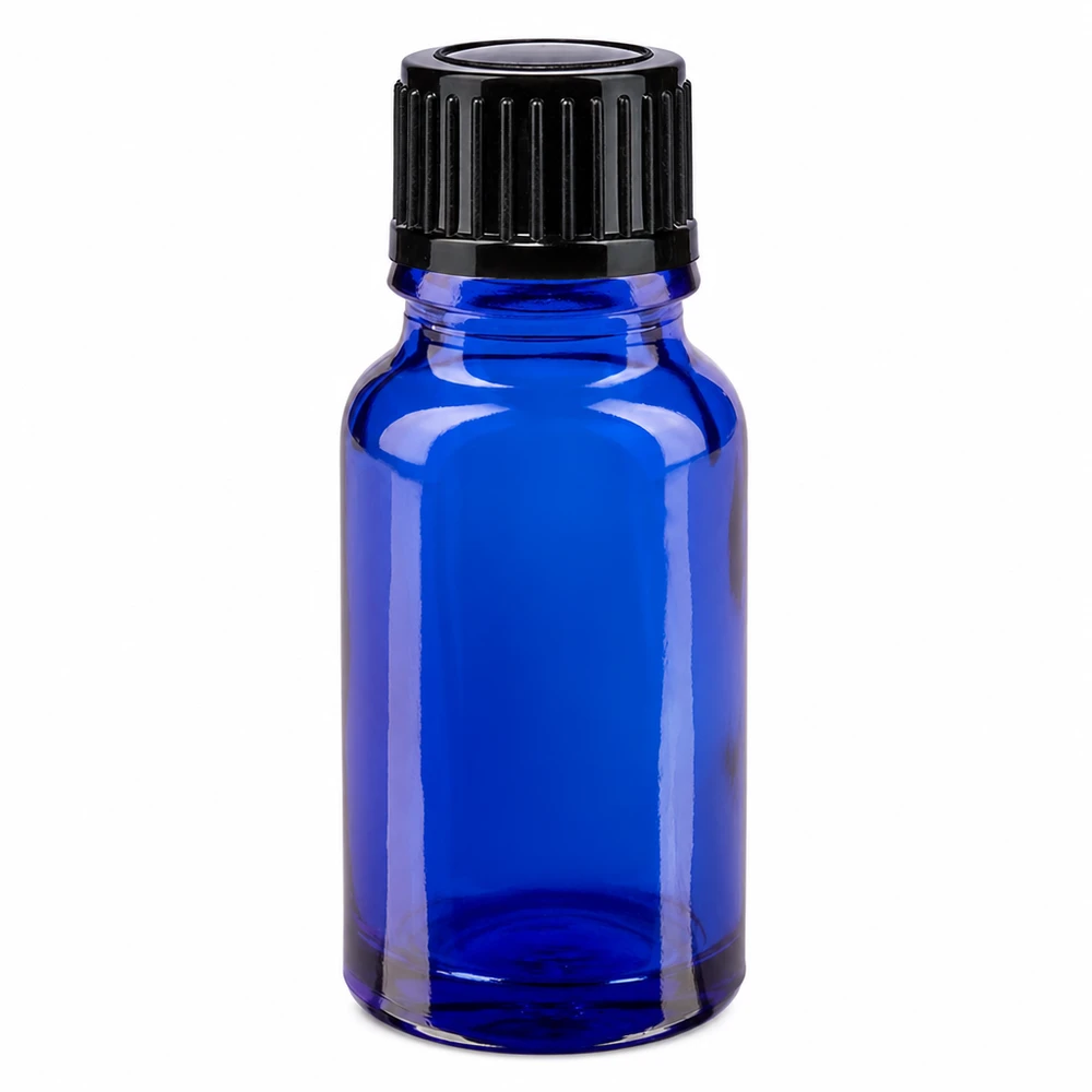 Frasco de farmacia de cristal azul de 10 ml con tapón cuentagotas negro y abertura de 1 mm