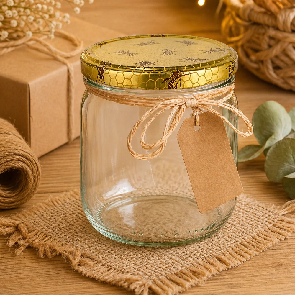 Tarro para miel de 500 g con tapa con diseño de panal BasicSeal UNiTWIST Tarro de miel de 500 g con tapa de nido de abeja y etiqueta de regalo sobre tapete artesanal con decoración natural