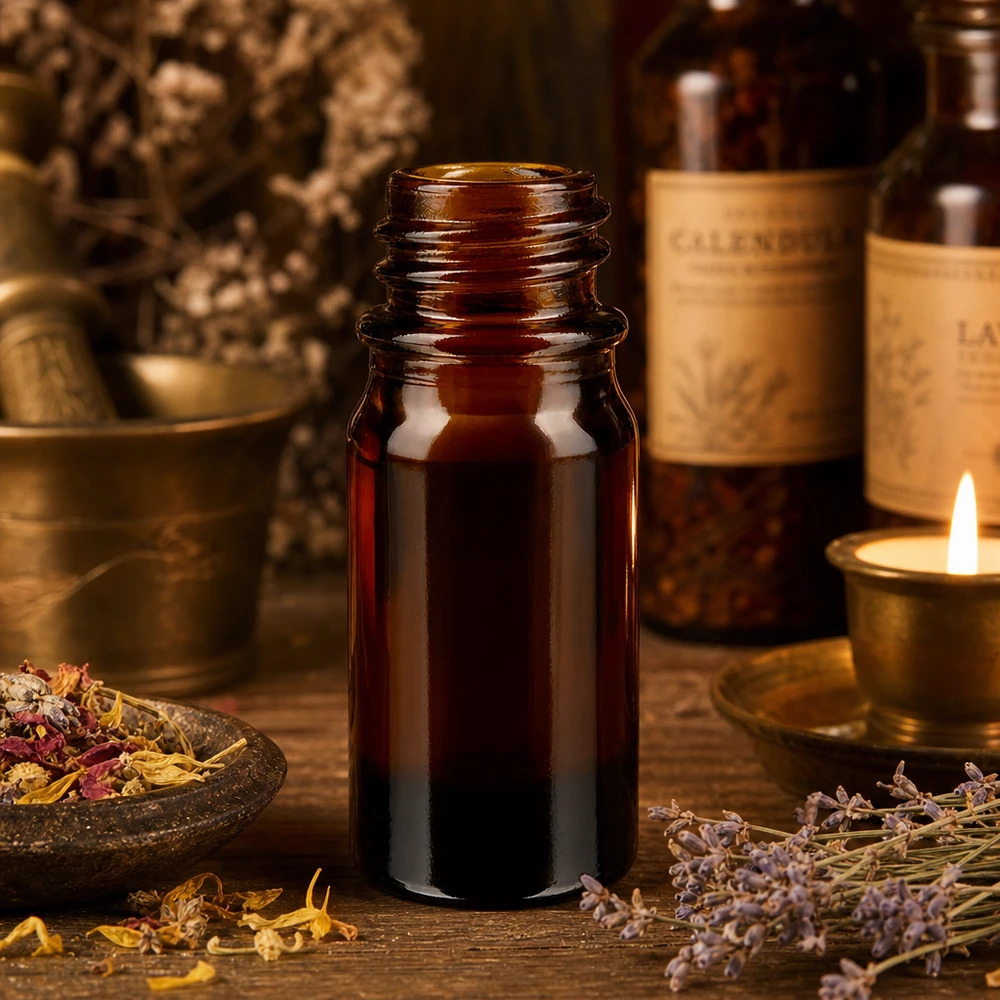 Frasco de vidrio marrón ApoGlas de 5 ml con mortero de hierbas medicinales y vela en un ambiente de farmacia natural