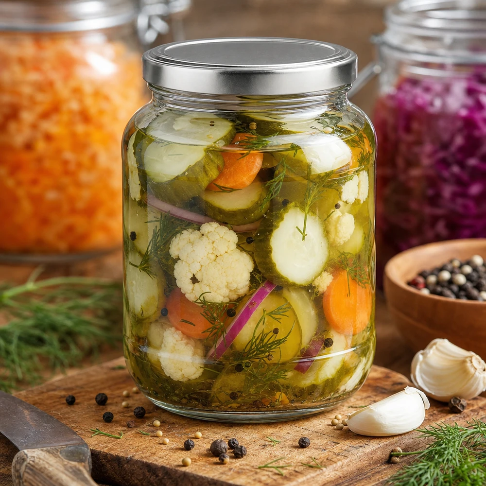 Tarro ovalado de 370 ml con tapa BasicSeal lleno de verduras y hierbas fermentadas sobre una tabla de madera con especias
