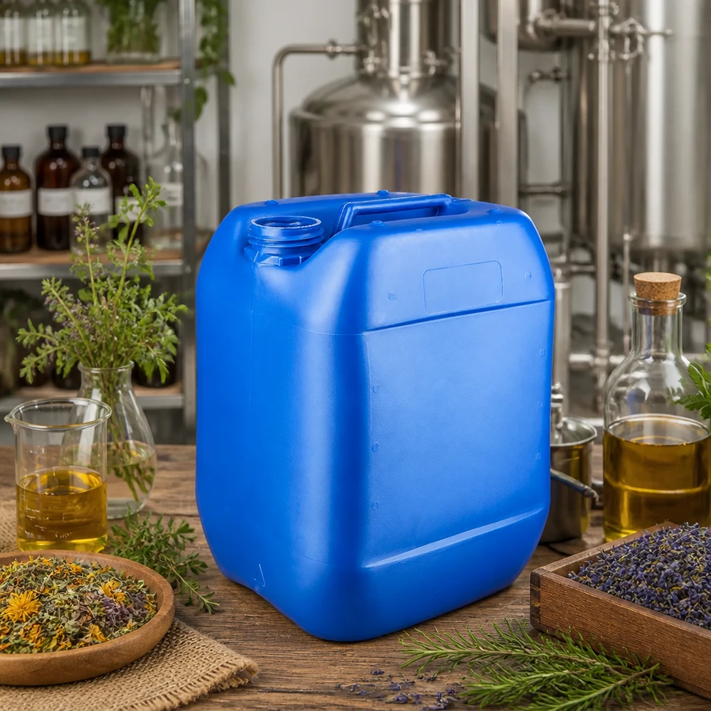 Bidón 10 litros azul sin tapón Bidón azul de 10 litros sin tapón, rodeado de hierbas y aceites esenciales en una destilería