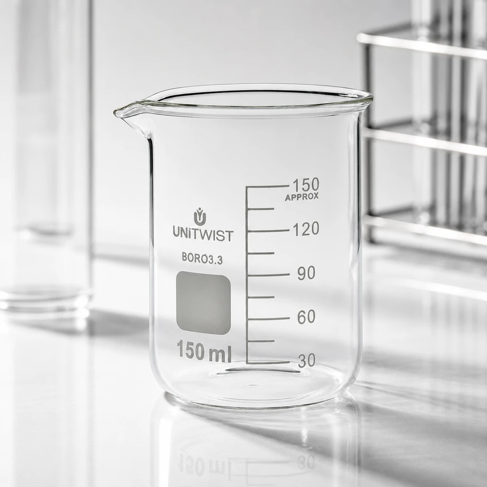 Vaso 150 ml borosilicato, molde bajo UNiTWIST Vaso de precipitados UNiTwist de 150 ml, de borosilicato 3.3, de perfil bajo, vacío, sobre una mesa de laboratorio blanca