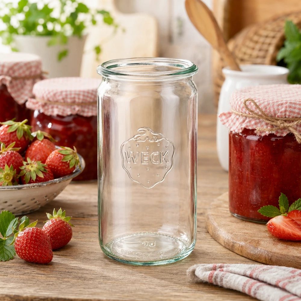 Frasco cilíndrico de cristal WECK RR60 de 340 ml Tarro cilíndrico WECK 340ml RR60 en escena de cocina con fresas y mermelada casera sobre mesa de madera